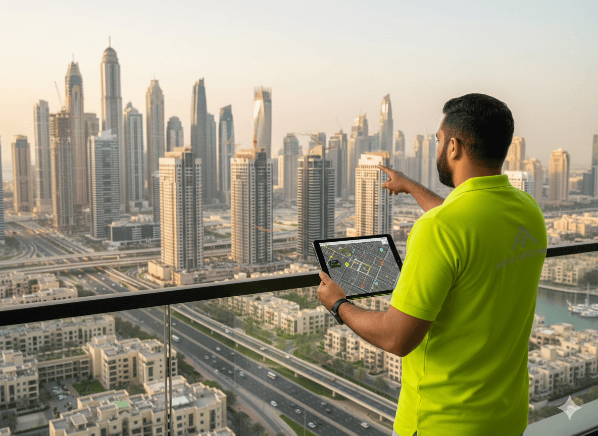 Property inspection overlooking Dubai skyline